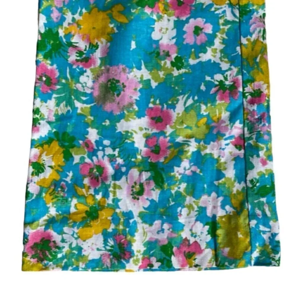 Zara NWT Printed Linen Blend Flared Trousers Green Blue Pink Floral Print Size 4